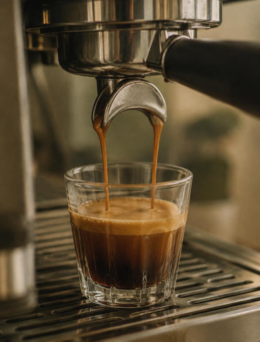 Espresso pouring from a portafilter into a glass